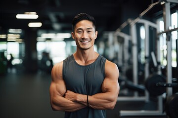 Smiling portrait of a young male asian fitness trainer instructor working in a gym