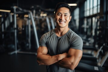 Fototapeta na wymiar Smiling portrait of a young male asian fitness trainer instructor working in a gym