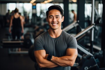 Fototapeta na wymiar Smiling portrait of a young male asian fitness trainer instructor working in a gym