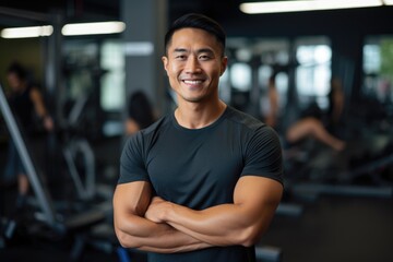 Smiling portrait of a young male asian fitness trainer instructor working in a gym