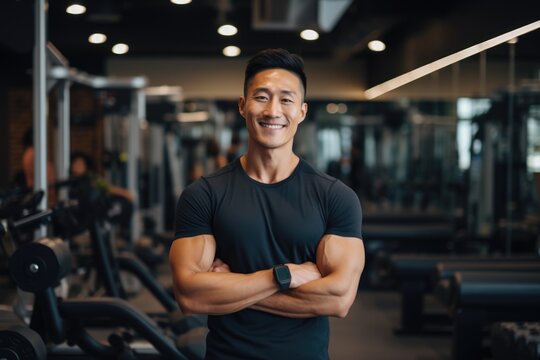 Smiling portrait of a young male asian fitness trainer instructor working in a gym