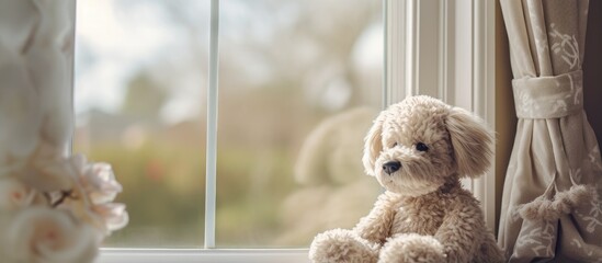 Decorative stuffed dog toy on a house window sill or mantle place with white curtains and home in neighborhood in late afternoon shade