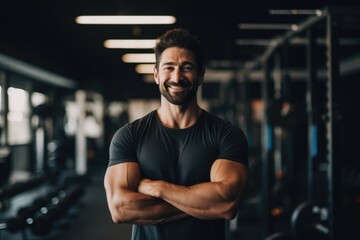 Fototapeta na wymiar Smiling portrait of a young male caucasian fitness instructor trainer working in a gym