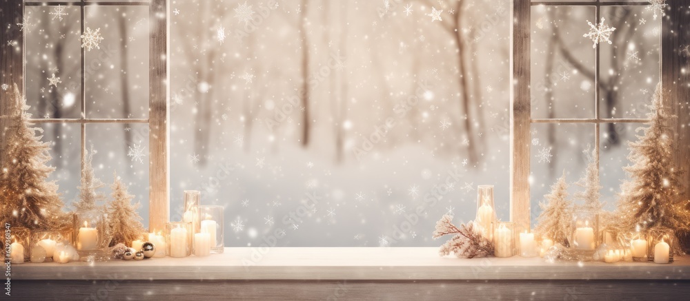 Wall mural empty table and winter window in background