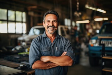 Smiling portrait of a male caucasian car mechanic working in a mechanics shop - Powered by Adobe