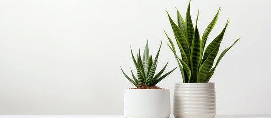 Sansevieria and crassula plants in pots on a white background with room for text