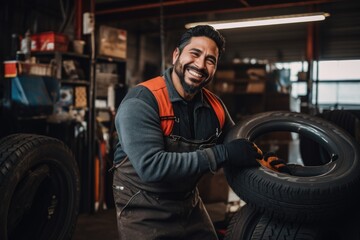 Fototapeta na wymiar Smiling portrait of a middle aged mexican car mechanic working in a mechanics shop