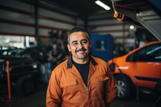 Smiling portrait of a middle aged mexican car mechanic working in a mechanics shop