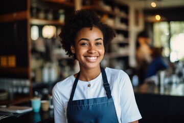 Smiling portrait of a young female african american barista working in a cafe bar - Powered by Adobe