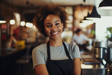 Smiling portrait of a young female african american barista working in a cafe bar