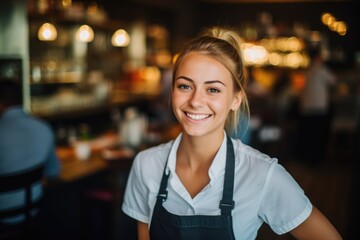 Smiling portrait of a young female caucasian barista wokring in a cafe bar