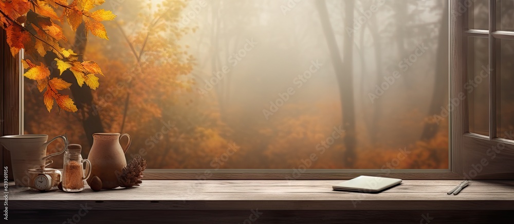 Poster empty desk with autumn themed window background