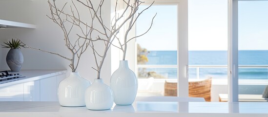 Contemporary white vases with branches on kitchen island in coastal home