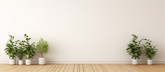 a white walled room with plants on wooden floor