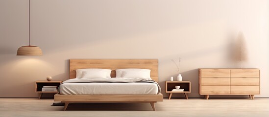 Fototapeta na wymiar Wooden bed set with cabinet from different angles featuring a minimalist design