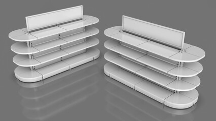Metal showcase with open shelves, rounded side sections. 3d illustration
