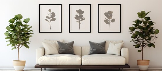Beige sofa ficus and black table in living room with white wall displaying poster gallery