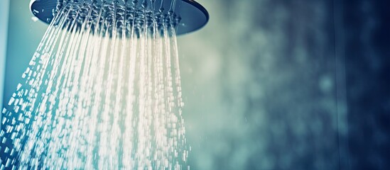 Rain shower head in bathroom streaming water up close for plumbing promotion