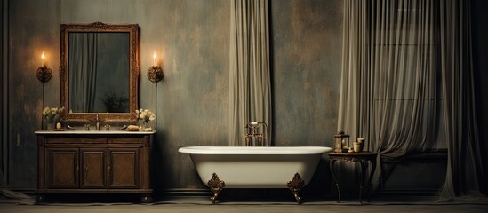 A bathroom with a mirror sink and closed curtain bath
