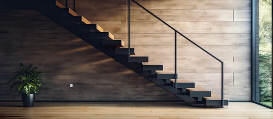 Contemporary interior with black metal and wooden plank stairs