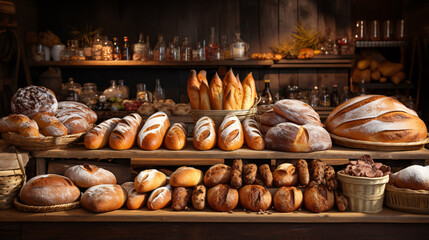 Delectable assortments of bread in a quaint bakery. An array of diverse bread loaves gracing the shelves.