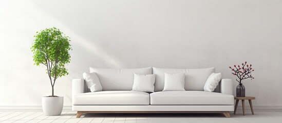 Minimalist living room with white sofa in a Scandinavian interior design depicted in