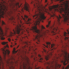 pattern with leaves flowers abstract red black