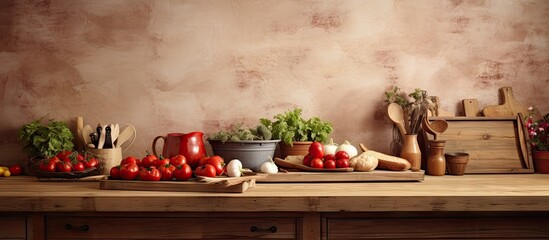 Fototapeta na wymiar Kitchen with brown interior and wooden table a shabby area with fresh red vegetables