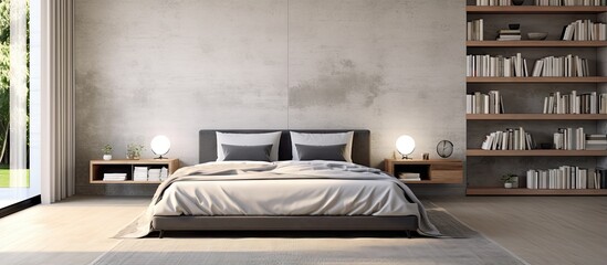 a modern bedroom with concrete and white walls wooden floor gray master bed with bedside tables and white bookcase