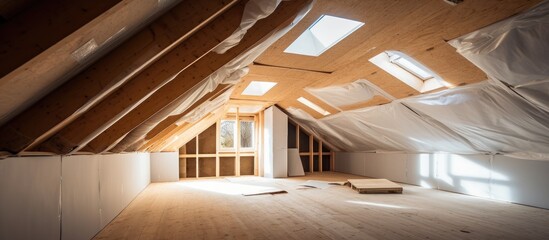 Construction site for finishing the attic in the process of spackling plastering and screeding