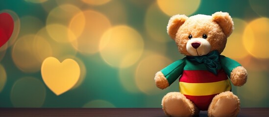 Cameroon heart shaped flag held by teddy bear with bokeh backdrop