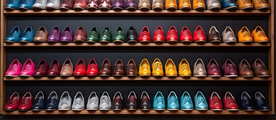 Bowling shoes on shelves in a bowling alley