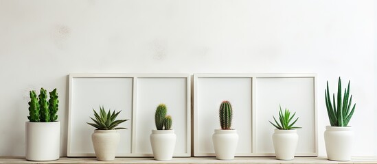 Concrete pots with cacti and an empty frame on a white wall background