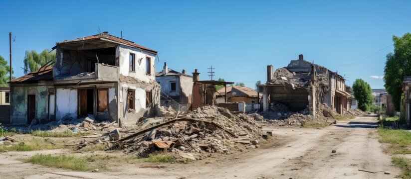 Dilapidated houses in impoverished area for less fortunate residents Unrepaired aged homes devastated in crisis District architecture elder abode for those in need
