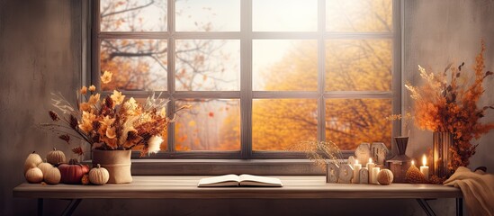 Empty desk with autumn themed window background