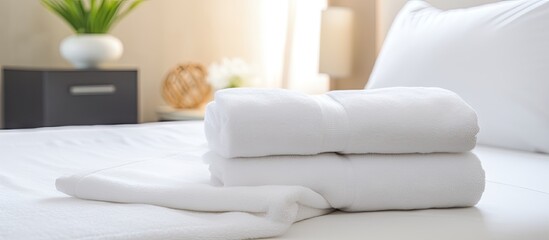Hotel customer has access to a white towel on the bed in the guest room