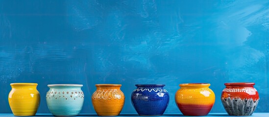 Colorful empty ceramic pots on blue background