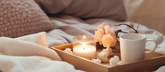 Fototapeta na wymiar Comfy home style indulgence bed tray coffee marshmallows