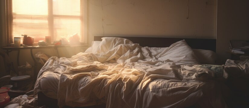 bed disheveled by morning sunlight