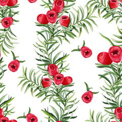 Watercolor illustration of red little berries and green leaves on branches for beautiful design on white isolated background. Christmas pattern design. Watercolor gengle taxus, vintage style.