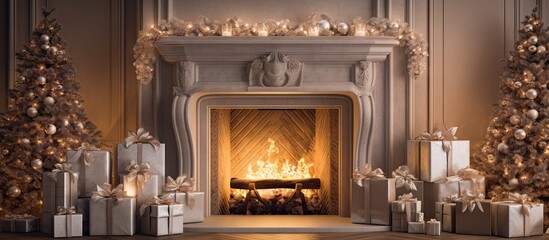 Interior fireplace with Christmas gift boxes