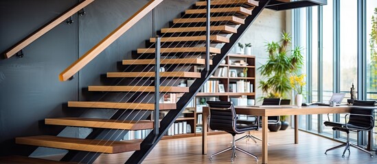 Stainless steel bars on wooden stairs in the home office