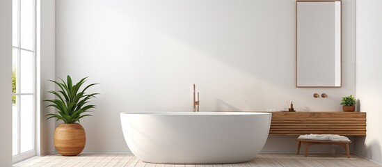 mock up of a wooden and white bathroom interior featuring tiled walls a tub and a round sink