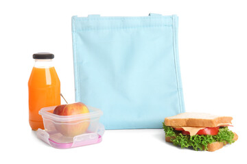 Lunch bag, lunchbox with delicious food and bottle of juice isolated on white background