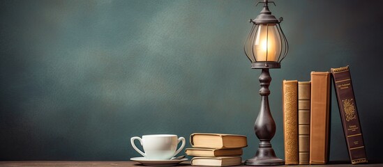 Coffee cups a lamp and literature