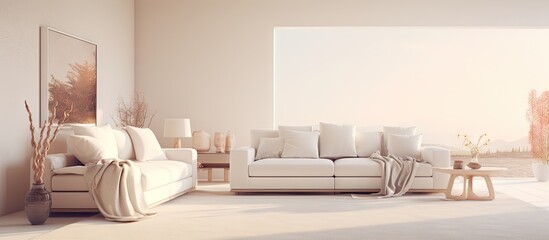 mock up of a white living room with two sofas coffee table big windows carpet and poster seen from the side