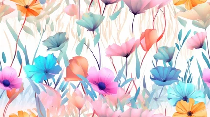 Fotobehang Colorful floral with beautiful petal seamless pattern on white canvas. Flowers painting art background. Generative AI © Op Creator