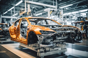 Electric vehicle manufacturing. AI generated - obrazy, fototapety, plakaty