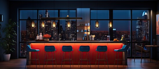 Nighttime illustration of a modern kitchen with a counter bar pendant lights neon lights glass window and decor - Powered by Adobe