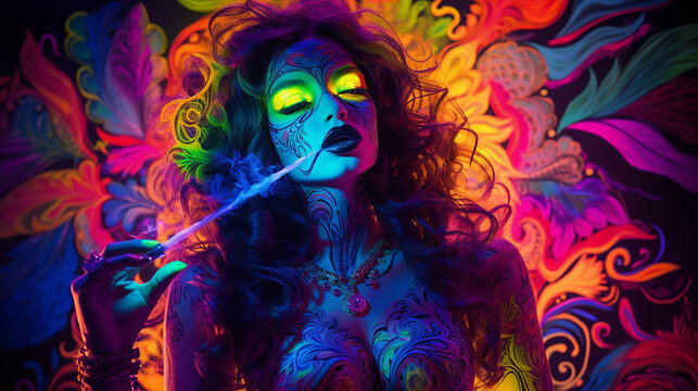 Uv reativo fluorescente colorido boca sedutora atraente senhora indiana paix&atilde;o, arte tape&ccedil;aria luz negra hippie rock